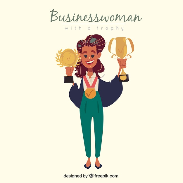 Proud businesswoman with trophies