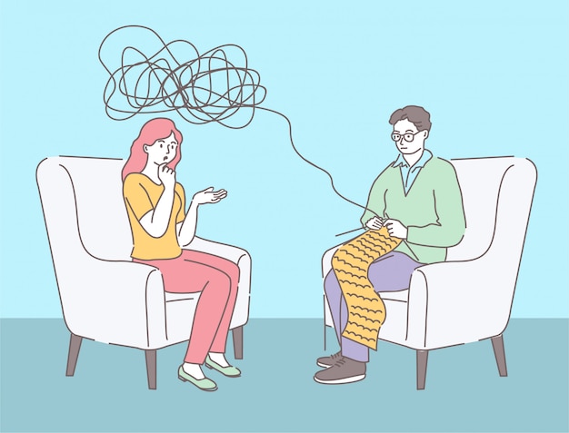 Psychotherapy, man psychologist with tangled and untangled brain metaphor Premium Vector