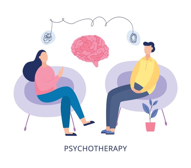 Premium Vector | Psychotherapy poster - cartoon people at mental heath  therapy session sitting on chairs and talking about problems and brain  parts illustration of therapist office.