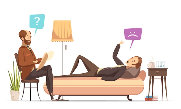 Psychotherapy session in therapist office with patient on sofa talking about his feelings retro cart Free Vector