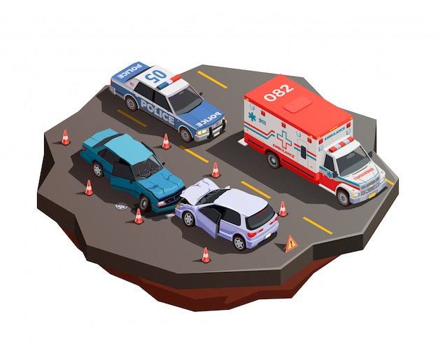 無料のベクター 救急車とパトカーのイラストとの衝突後の2つの壊れた車と公共都市輸送等尺性組成物