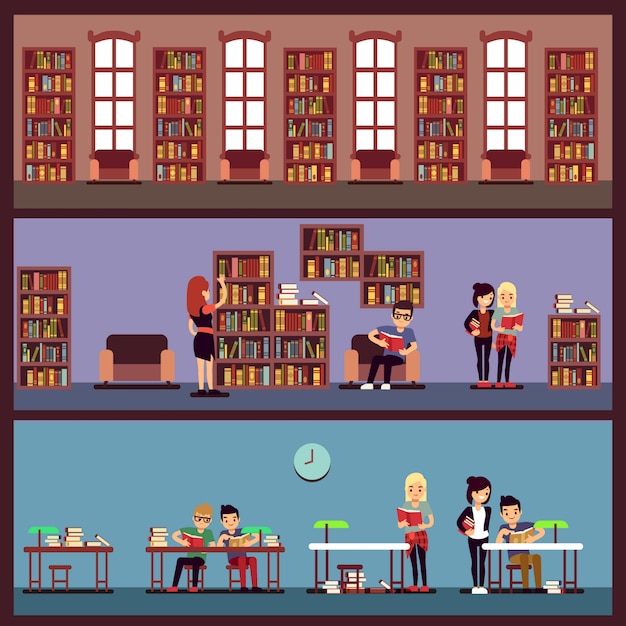 Public Library Banners Concept With Different Students Reading