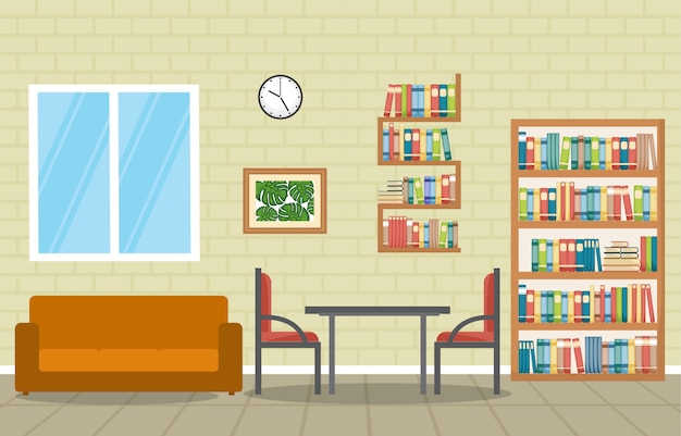 Public library interior stack of book on bookshelf flat Premium Vector