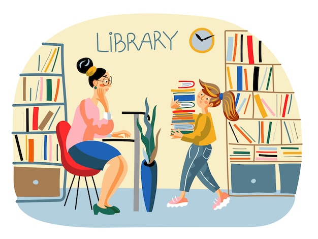 図書館員と本のスタックを持つ女子高生と公共 学校の図書館イラスト プレミアムベクター