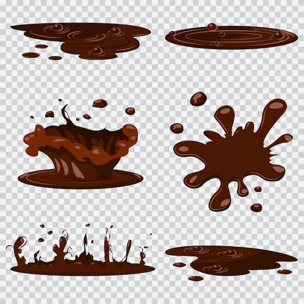 透明な背景に分離された水たまり泥漫画セット チョコレートスプラッシュアイコンのコレクション プレミアムベクター