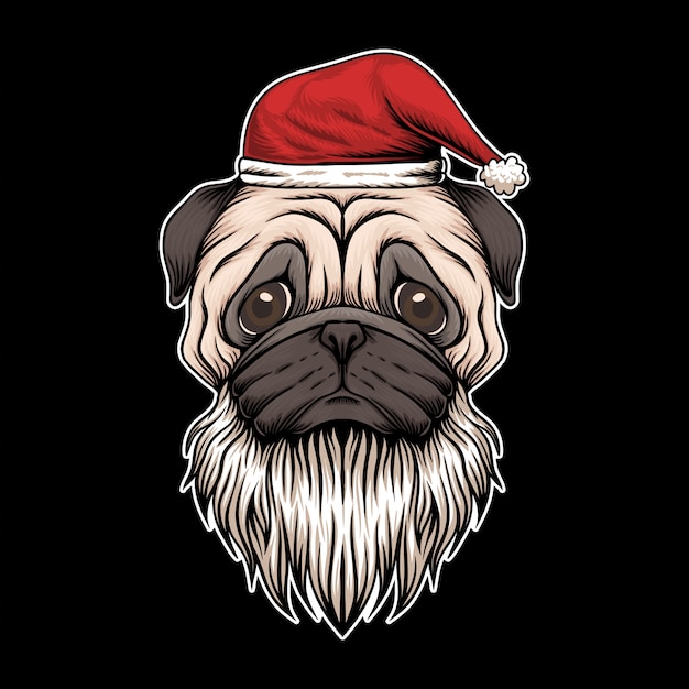 パグ犬の帽子とひげサンタクリスマスイラスト プレミアムベクター