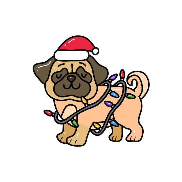 落書き手描きスタイルでクリスマスライトに包まれたパグ犬 動物の落書き プレミアムベクター