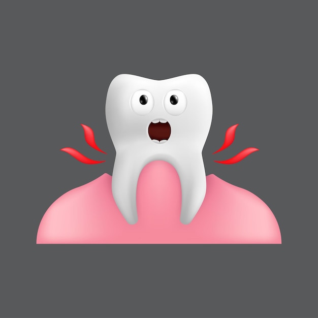 歯茎から叫んでいる歯を抜く 表情のかわいいキャラクター 子供のデザインに面白い 灰色の背景に分離された歯科用セラミックモデルのリアルなイラスト プレミアムベクター