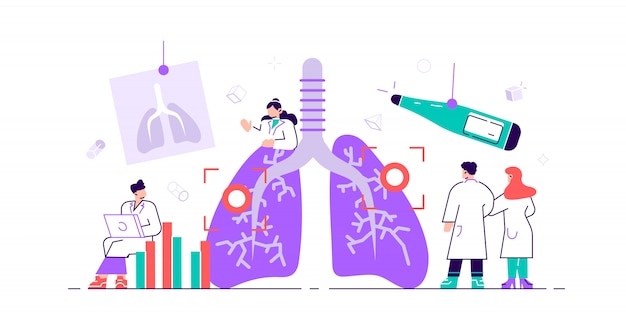 呼吸器学のコンセプトです 肺の医療関係者 病気 病気 問題がないか内臓検査チェック 抽象的な呼吸器系の検査と治療 平らな小さなイラスト プレミアムベクター