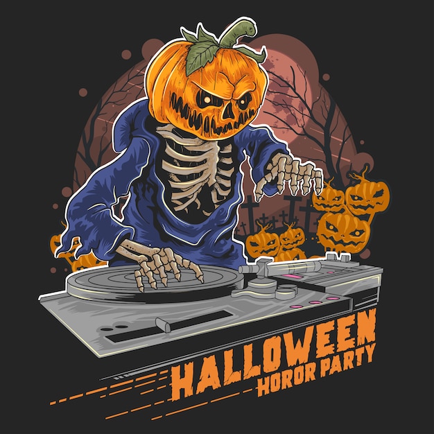 Premium Vector | Pumpkin head halloween dj in music party