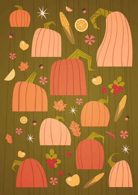 Pumpkins set harvest autumn concept vegetables and fruits collection Premium Vector