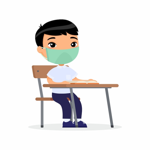 彼の顔の平らなイラストに保護マスクをつけたレッスンの生徒 アジアの少年は彼女の机で学校のクラスに座っています ウイルス保護の概念 プレミアムベクター
