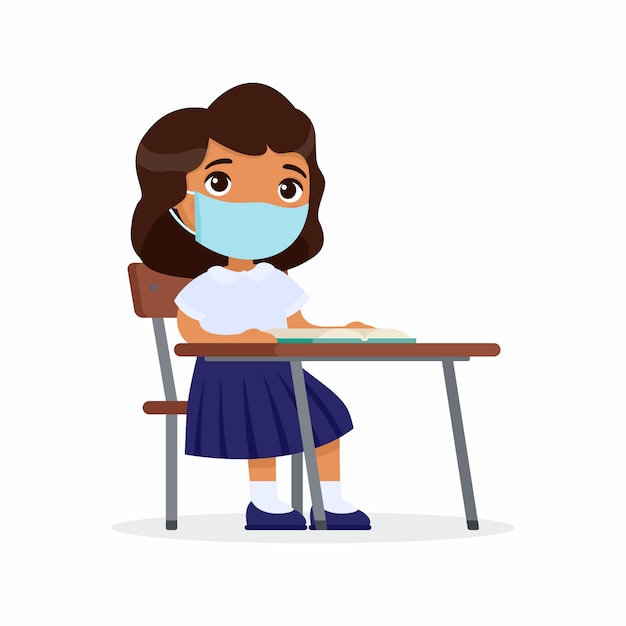 彼の顔の平らなベクトルイラストセットに防護マスクを使ってレッスンで生徒 褐色肌の女子高生は 学校のクラスで机に座っています ウイルス保護 アレルギーの概念 無料のベクター