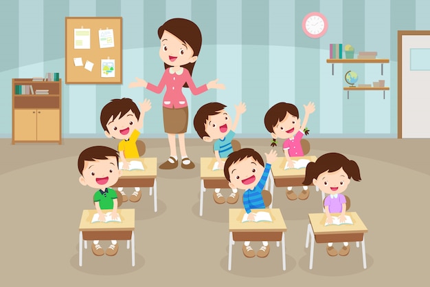 Pupils raising hand and teacher taking class. | Premium Vector