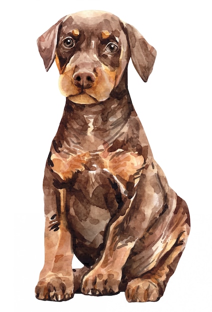 子犬ドーベルマンピンシャー かわいい犬の水彩画 プレミアムベクター
