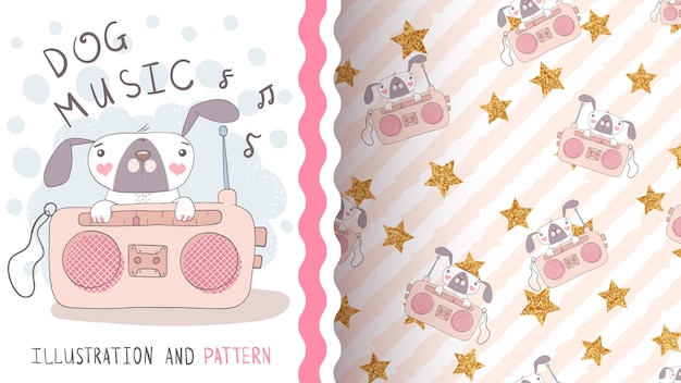 Puppy listen radio - seamless pattern Premium Vector