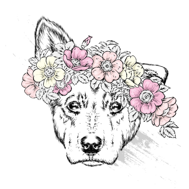 Premium Vector | Puppy in a wreath of flowers