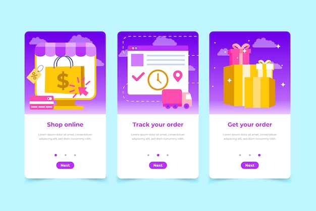 Purchase onboarding app screens Free Vector