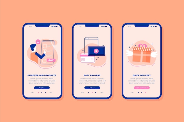 Purchase online onboarding app screens Free Vector