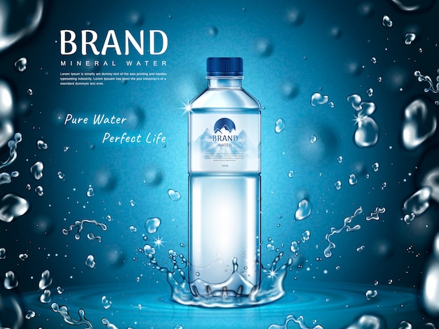 純粋なミネラルウォーターの広告 真ん中にペットボトルと飛んでいる水滴要素 青い背景 プレミアムベクター