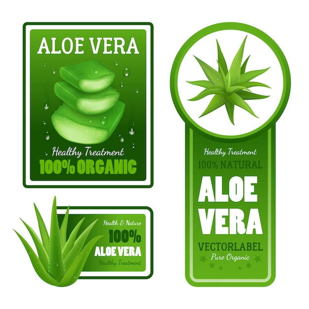 Pure organic natural green aloe vera leaves healthy treatment label banners with text Free Vector