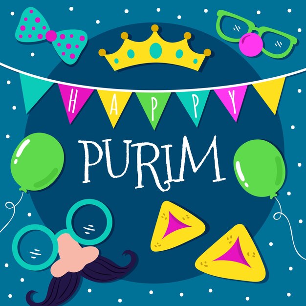 Free Vector Purim day lettering with illustrated elements