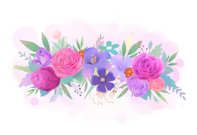 紫とピンクのバラの花の水彩イラスト プレミアムベクター