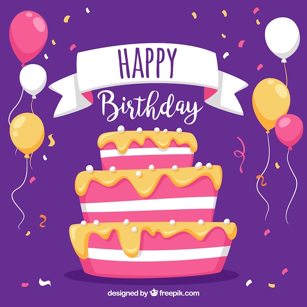 Free Vector | Purple background with birthday cake and balloons