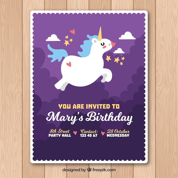 Download Purple birthday card with unicorn flying | Free Vector