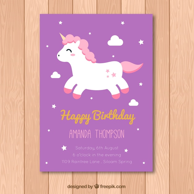 Download Free Vector | Purple birthday card with unicorn