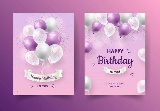 Premium Vector | Purple birthday invitation flyer with balloons.