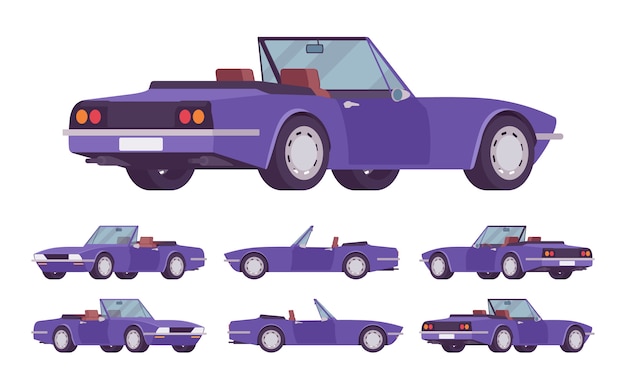 紫のカブリオレ車セット ルーフが折りたたまれたロードスターの乗用車 コンバーチブルトップ 2シート 旅行と旅を楽しむための豪華なデザインのシティオート スタイル漫画 イラスト プレミアムベクター