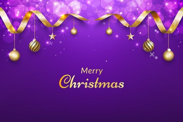 Premium Vector | Purple christmas background with gold ribbon, glitter bokeh effects and ornaments.