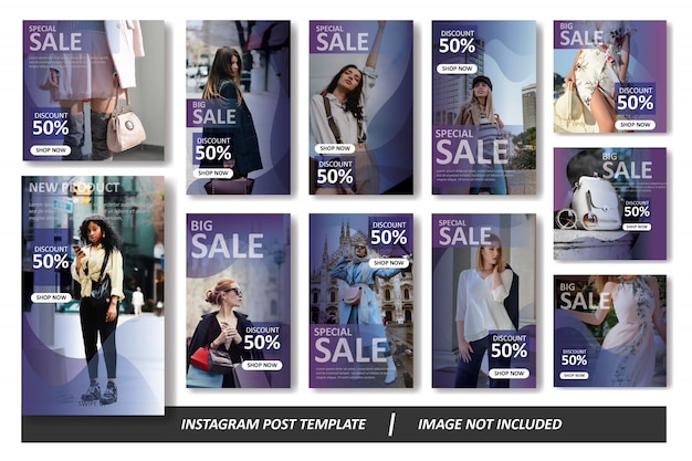 Purple gradient instagram feed and story template pack Premium Vector