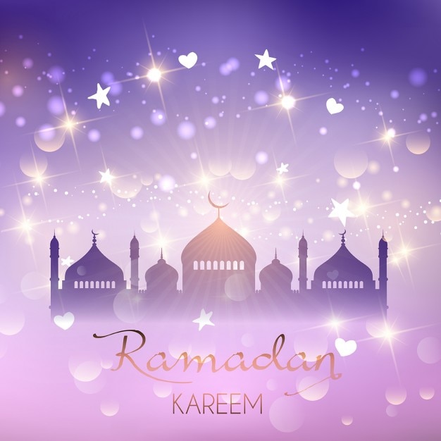 Purple ramadan background with stars and bokeh\
lights