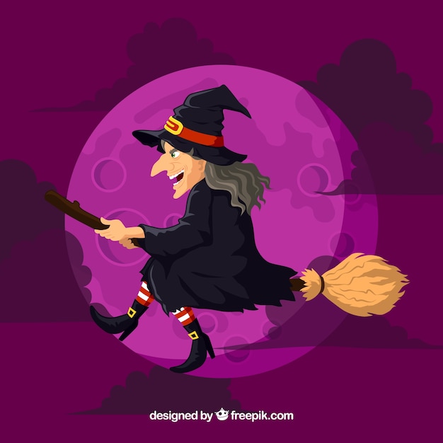 Purple Witch Background With Broom Free Vector