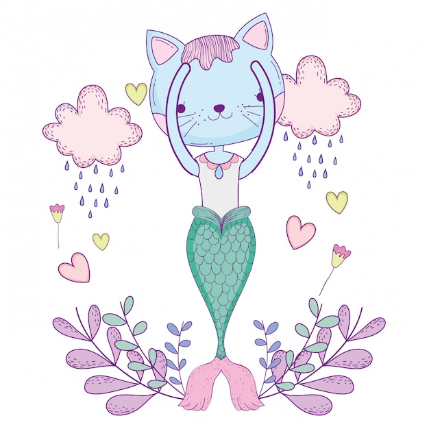 Premium Vector | Purrmaid with clouds and floral decoration