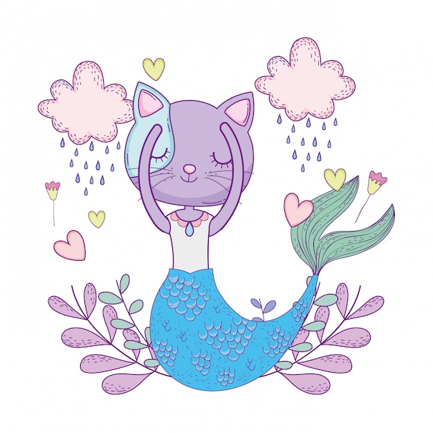 Premium Vector | Purrmaid with clouds and floral decoration