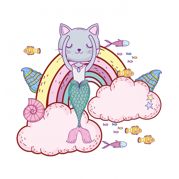 Premium Vector | Purrmaid with clouds and rainbow undersea