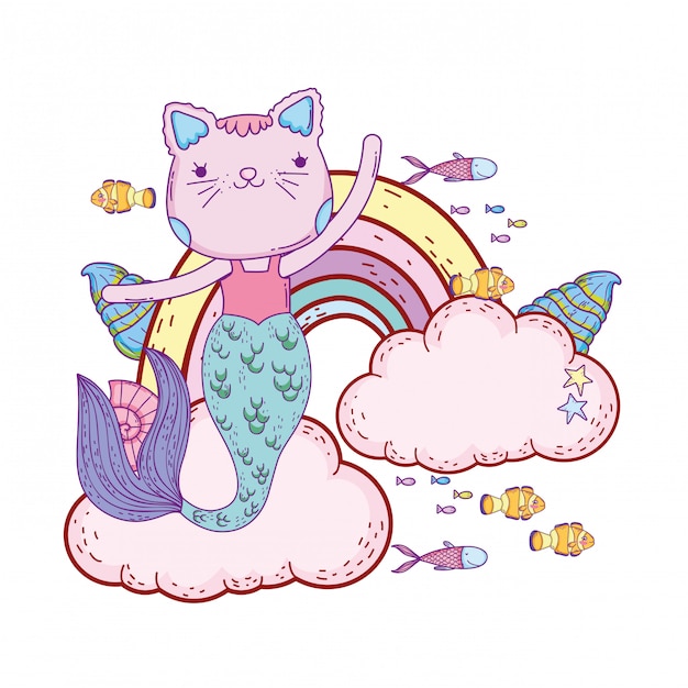 Premium Vector | Purrmaid with clouds and rainbow undersea