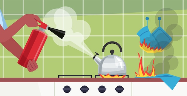 キッチンテーブルセミイラストで火を消します やかん沸騰 手消火器使用 商業用調理室火災事故漫画シーンの防止 プレミアムベクター