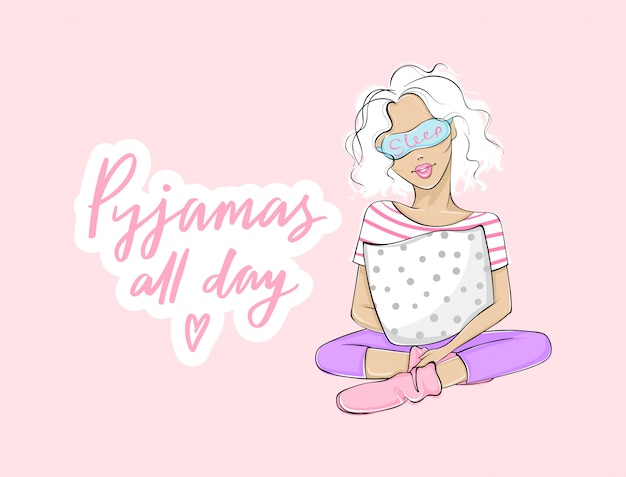 一日中パジャマ 美しい若い女性が 睡眠マスクの枕で座っている女の子とパジャマパーティーのイラスト ピンクの背景 プレミアムベクター