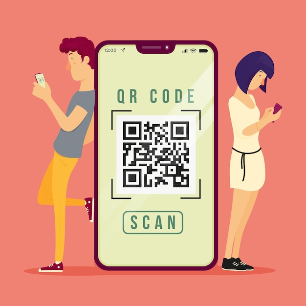 qr-code-scanning-concept-with-characters-free-vector