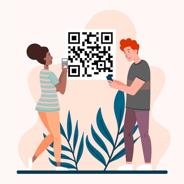 Qr code scanning concept with characters | Free Vector