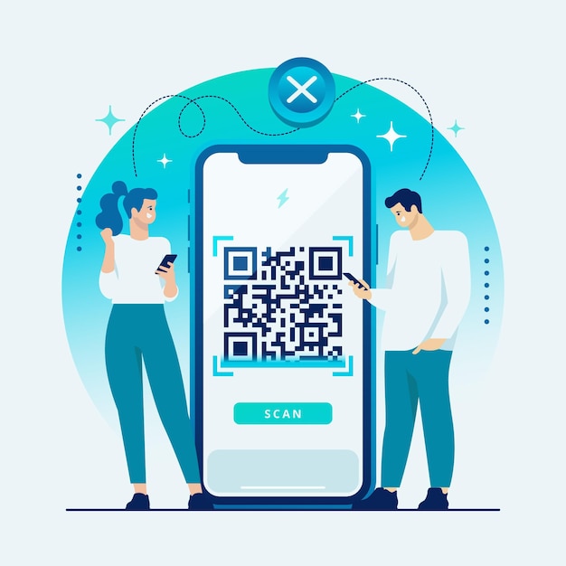 Qr code scanning concept with characters | Free Vector