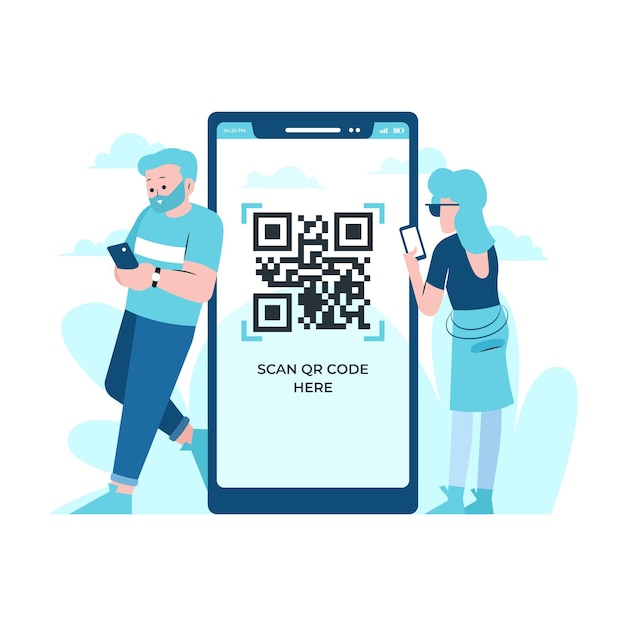 Qr code scanning concept with characters | Free Vector