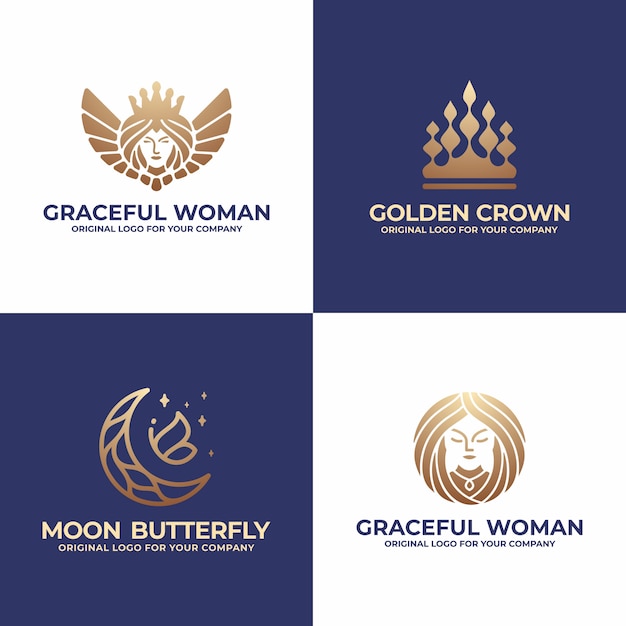 女王 王冠 月 女性のロゴデザインコレクション プレミアムベクター