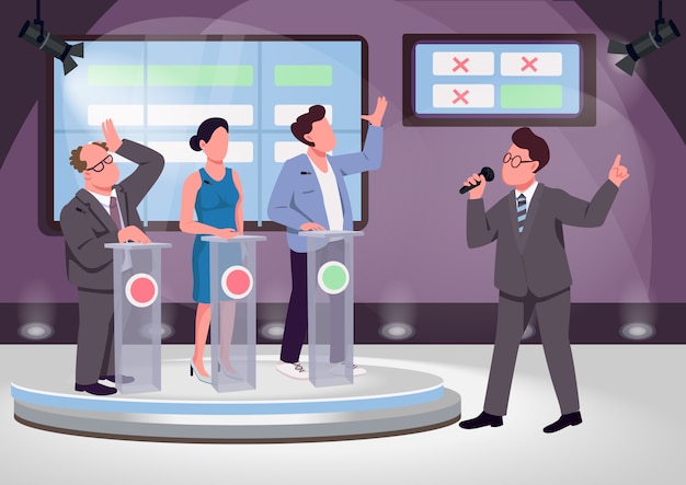 Premium Vector Quiz Show Flat Color Vector Illustration Educational Game Host And Contenders 2d Cartoon Characters With Stage On Background