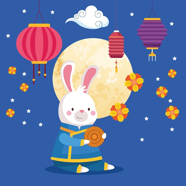 Premium Vector | Rabbit cartoon in traditional cloth mooncake moon and ...