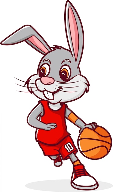 ウサギのドリブルバスケットボール 漫画のイラストの文字 プレミアムベクター